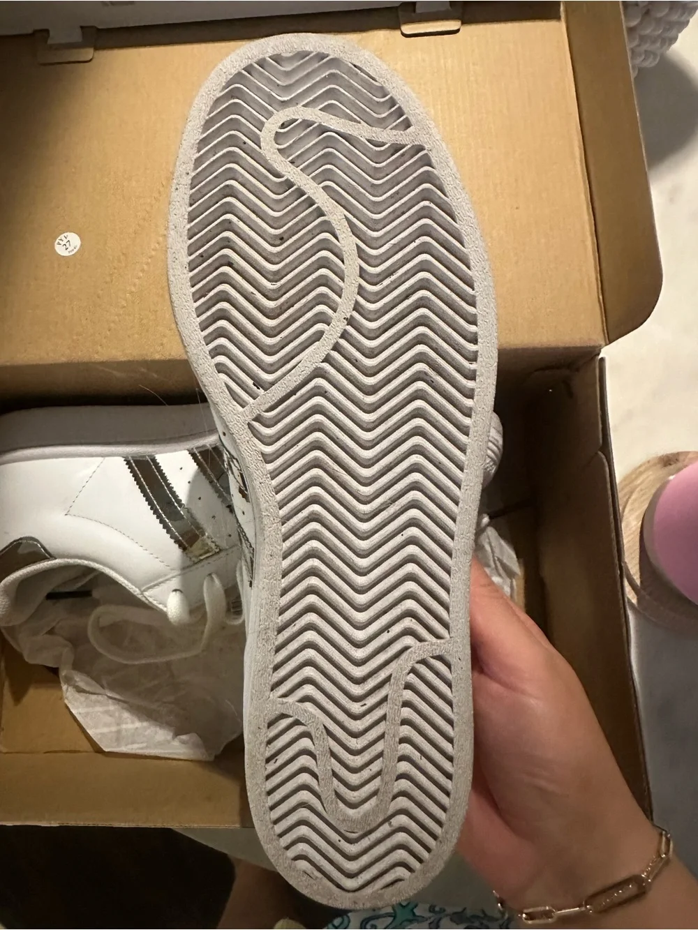 adidas Women’s Superstar Sneakers in White with Silver Stripes